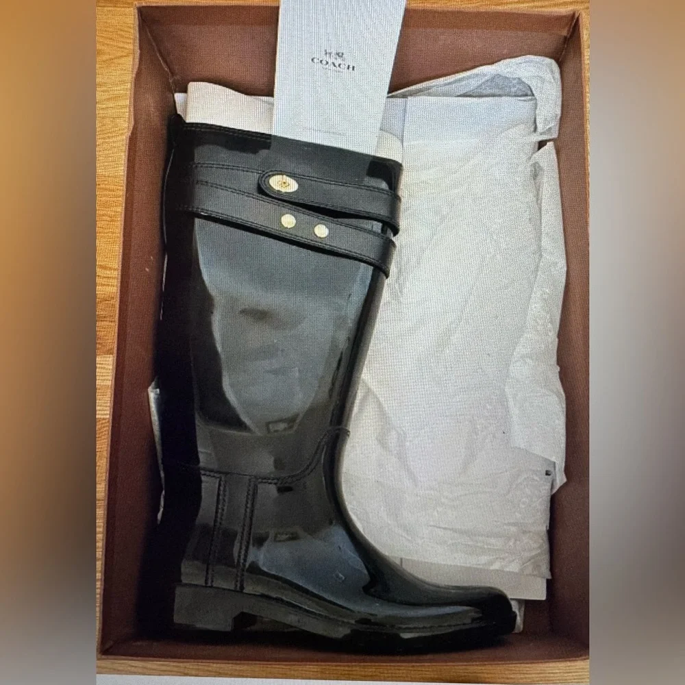 Coach Women Rain Boots Shoes Trisha Tall Rubber Mat Black Rain Boots Size 7 - Picture 5 of 5